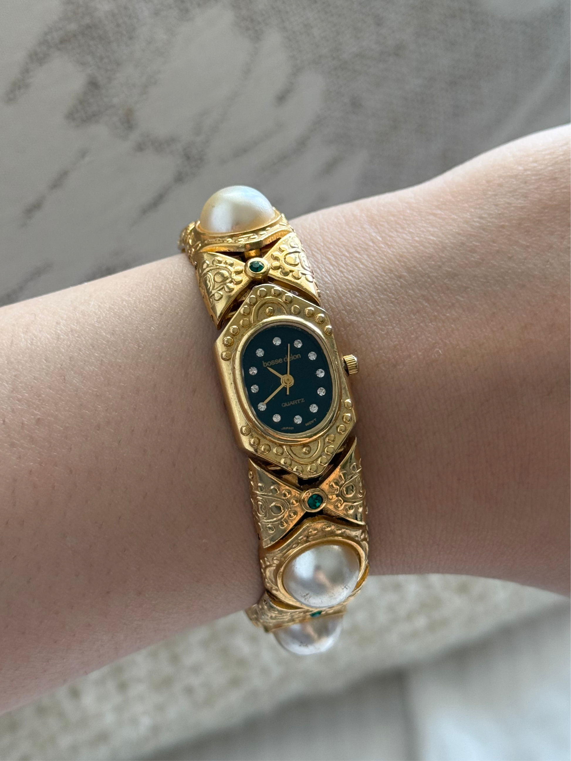 Elegant 1990s Bosse Delon 18k electro plated chunky bracelet vintage ladies watch with pearls and emerald green rhinestones