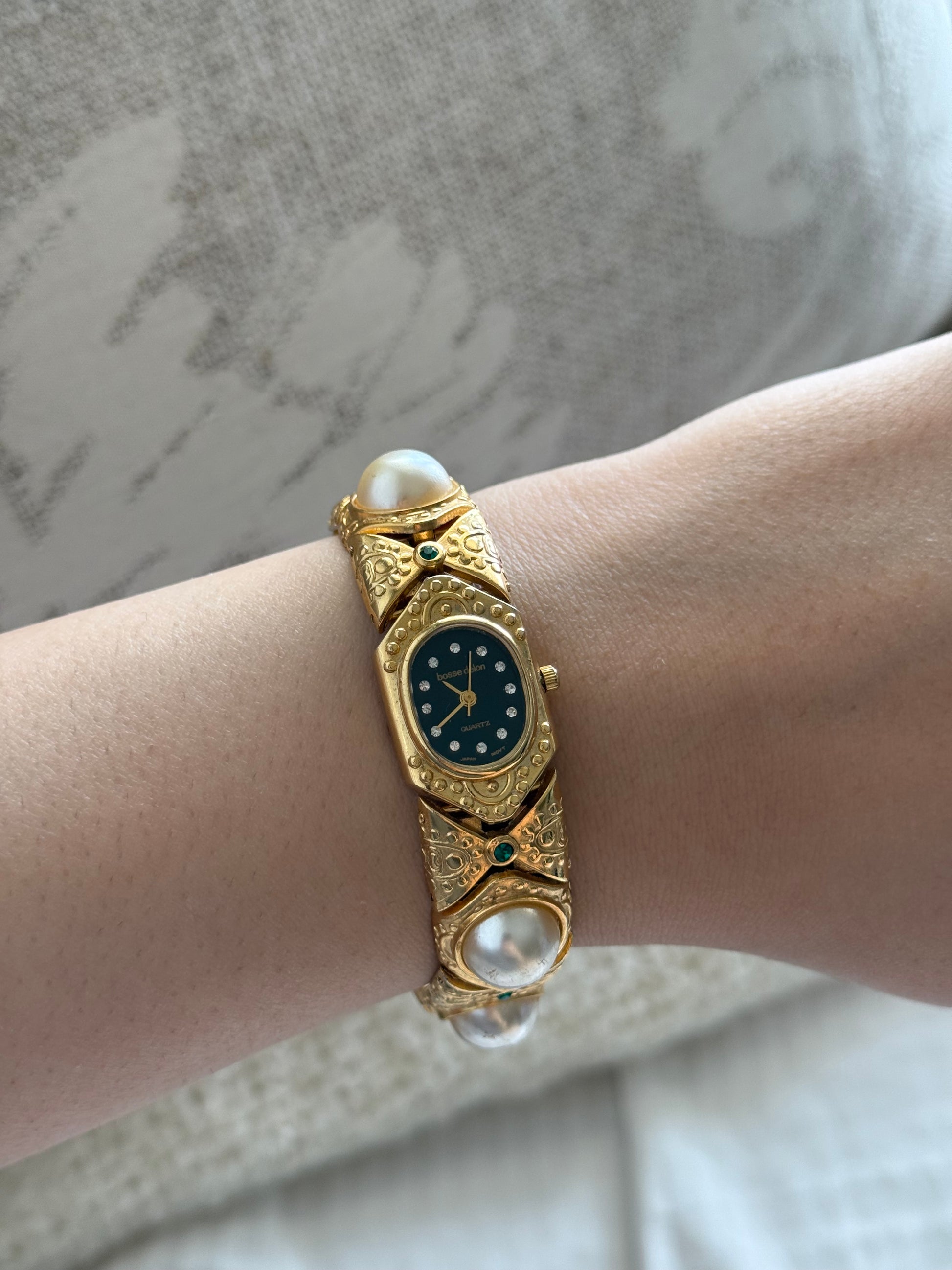 Elegant 1990s Bosse Delon 18k electro plated chunky bracelet vintage ladies watch with pearls and emerald green rhinestones