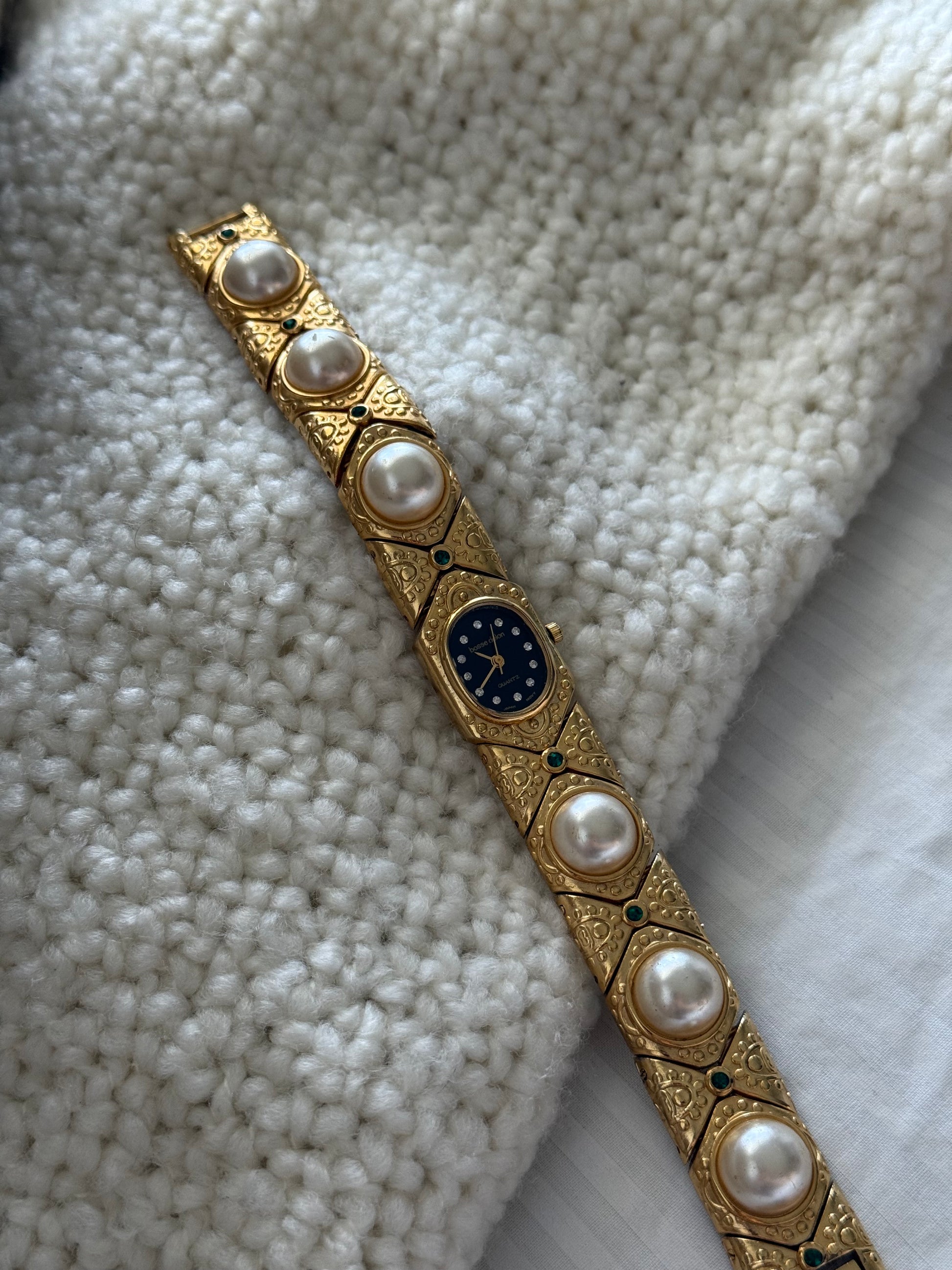 Elegant 1990s Bosse Delon 18k electro plated chunky bracelet vintage ladies watch with pearls and emerald green rhinestones