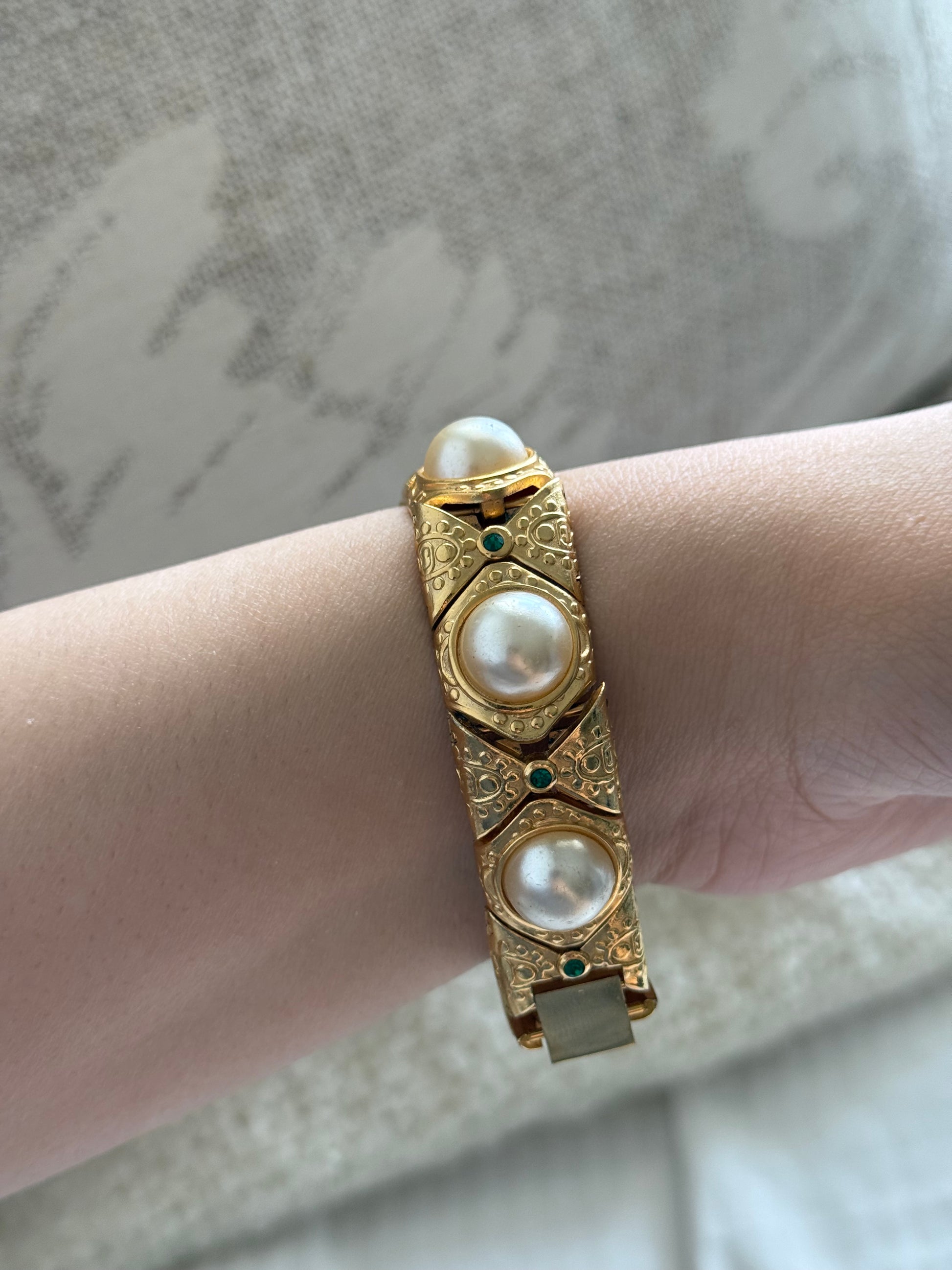 Elegant 1990s Bosse Delon 18k electro plated chunky bracelet vintage ladies watch with pearls and emerald green rhinestones
