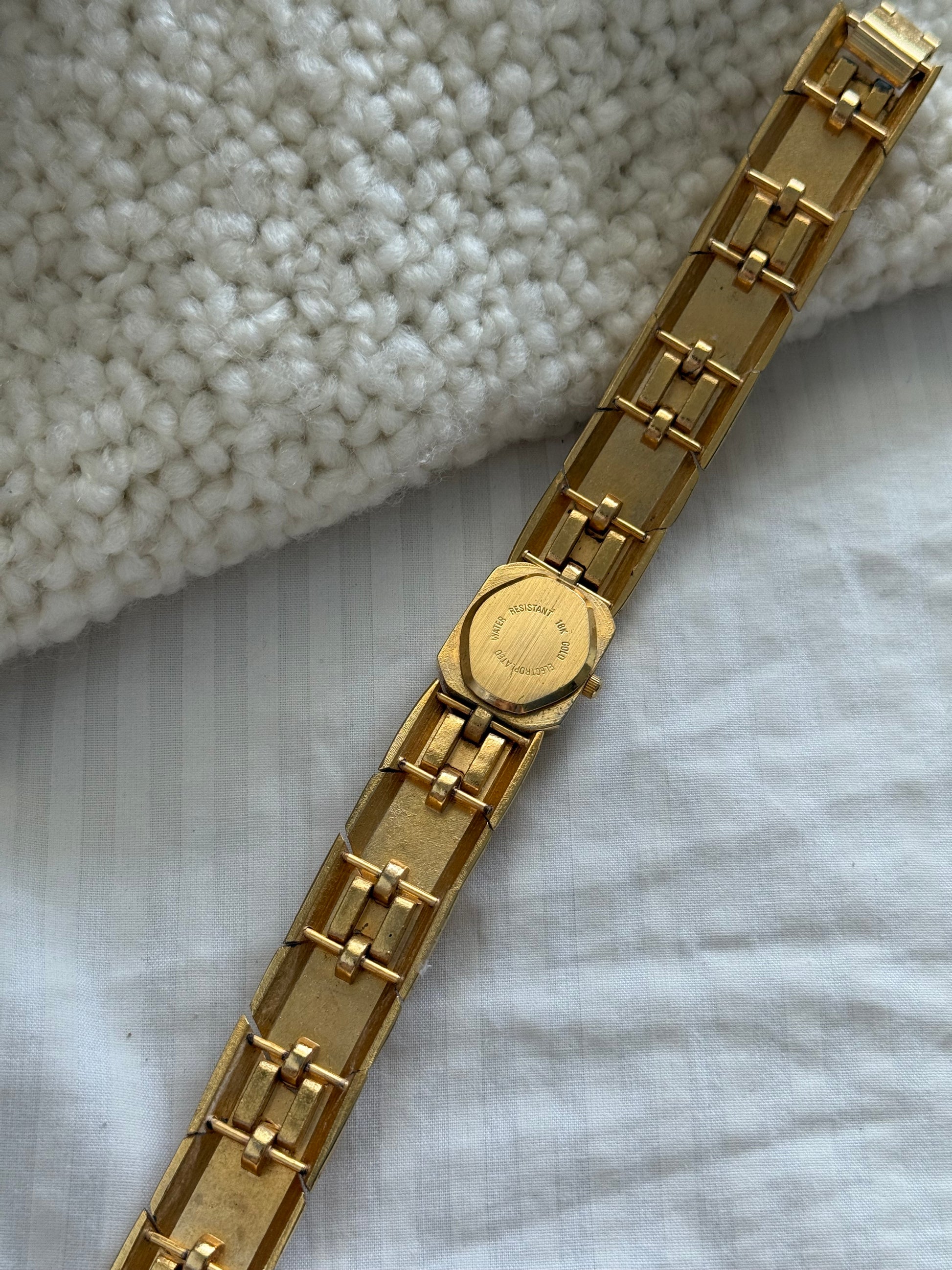 Elegant 1990s Bosse Delon 18k electro plated chunky bracelet vintage ladies watch with pearls and emerald green rhinestones